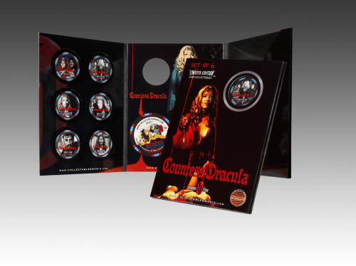 Packaging artwork for the Hammer Films Countess Dracula poker chips from Bond International / Collectablesmania