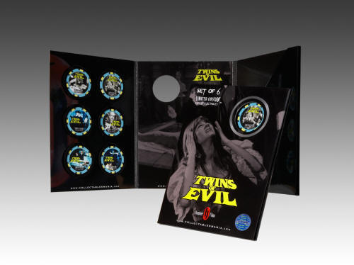 Packaging artwork for the Hammer Films Twins of Evil poker chips from Bond International / Collectablesmania